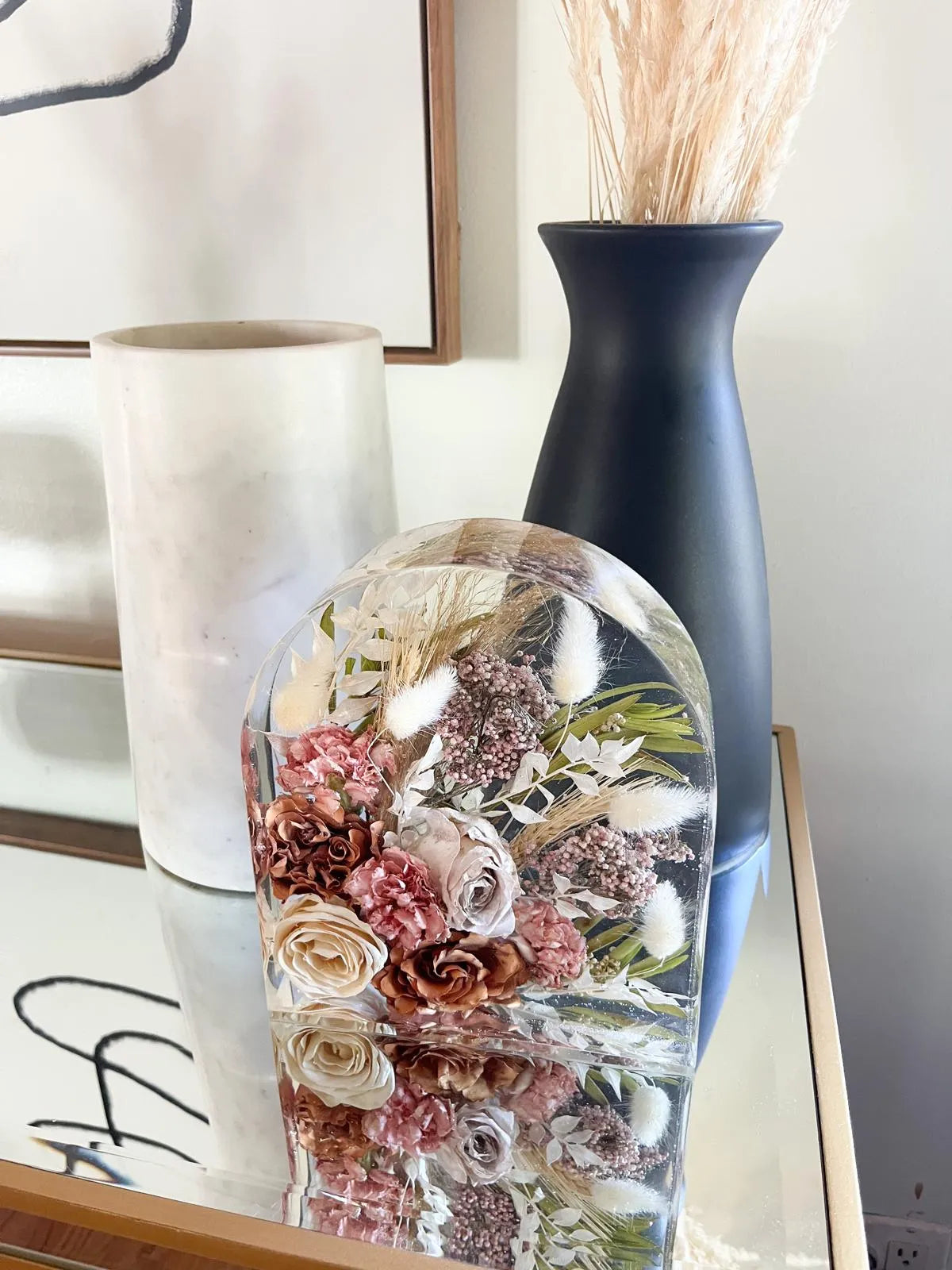 Modern Resin Floral Preservation Arch Block displaying custom preserved wedding flowers for a mantle or shelf.