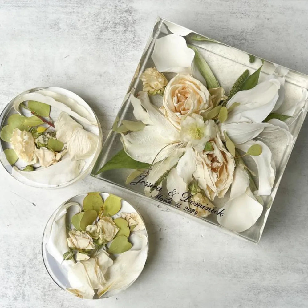 Classic Square Resin Floral Preservation Block capturing a lush wedding bouquet in crystal clear resin.