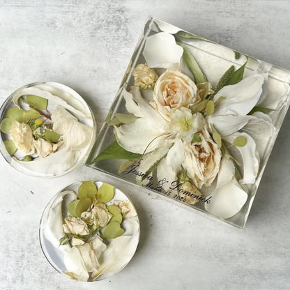 Classic Square Resin Floral Preservation Block capturing a lush wedding bouquet in crystal clear resin.