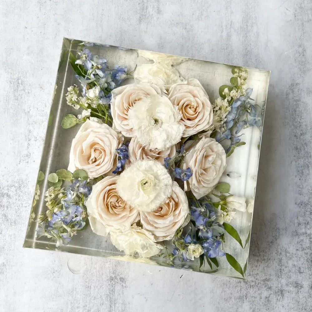 Classic Square Resin Floral Preservation Block capturing a lush wedding bouquet in crystal clear resin.