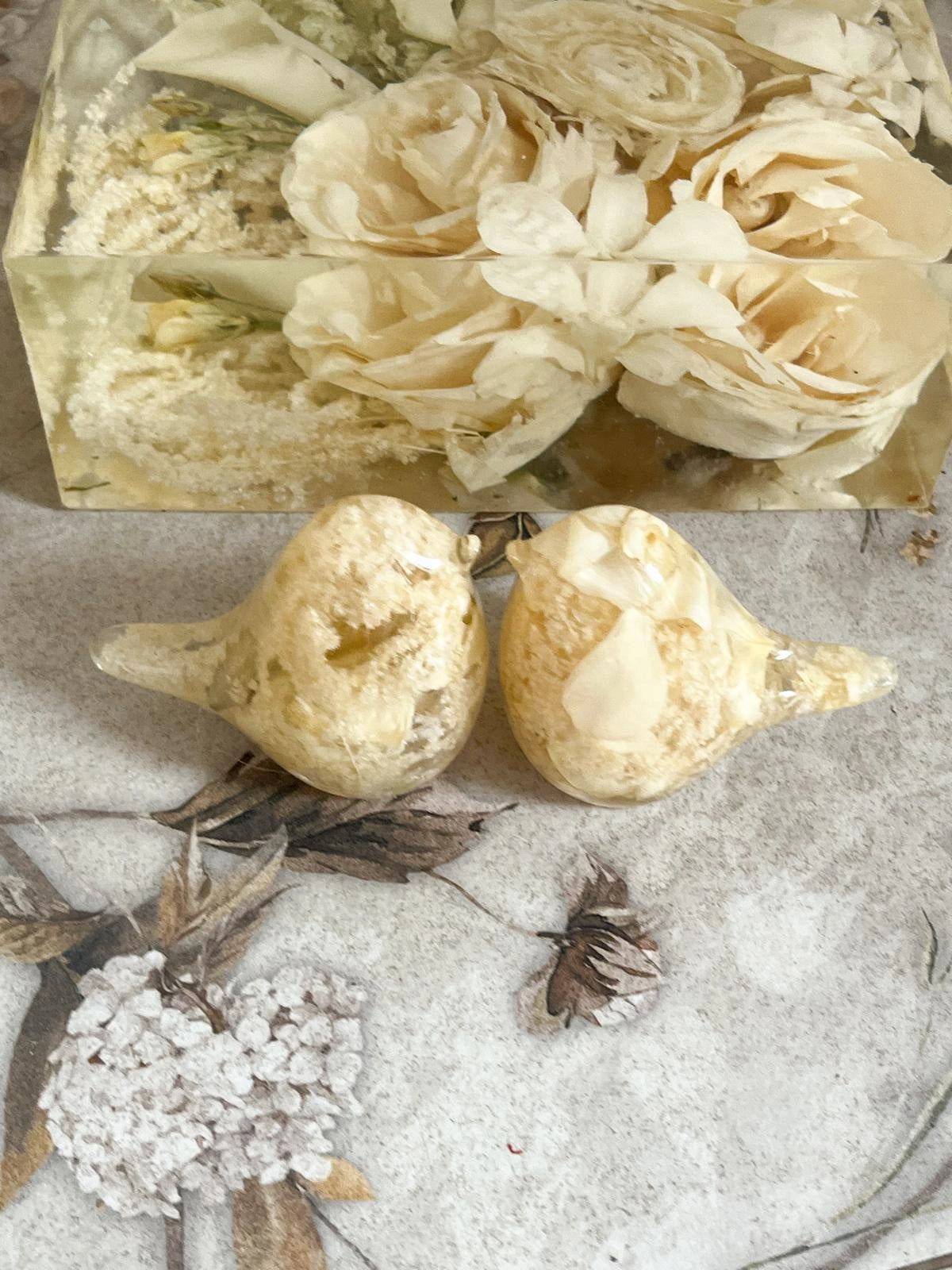 Custom Resin Floral Preservation Bird figurine handcrafted with real wedding bouquet flowers.