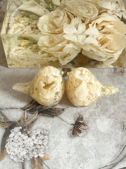 Custom Resin Floral Preservation Bird figurine handcrafted with real wedding bouquet flowers.