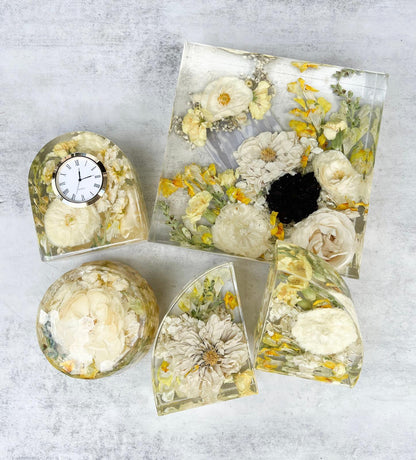 Resin Floral Preservation Arch Clock functioning as a functional timepiece with custom preserved wedding flowers.