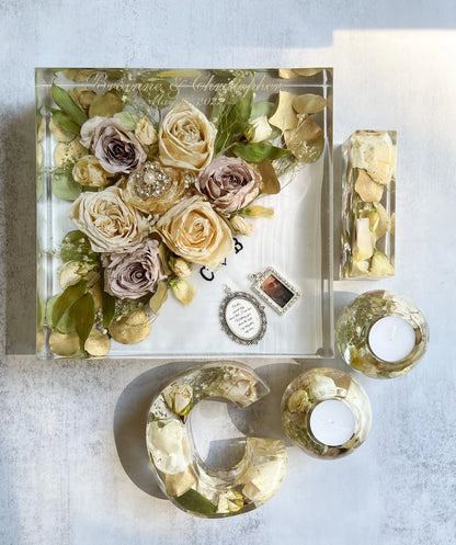 Classic Square Resin Floral Preservation Block capturing a lush wedding bouquet in crystal clear resin.