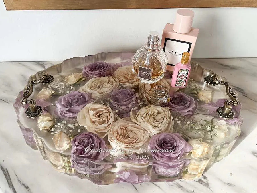 Resin Floral Preservation Display Tray with handles showing preserved wedding bouquet fragments for coffee table styling.