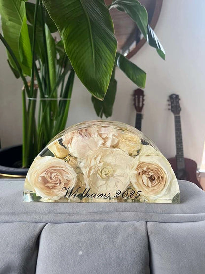 Resin Floral Preservation Half Moon Block showcasing preserved wedding flowers in a modern, sculptural arch shape.