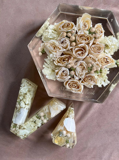Custom Resin Floral Preservation Letter displaying wedding flowers in a personalized monogram shape.