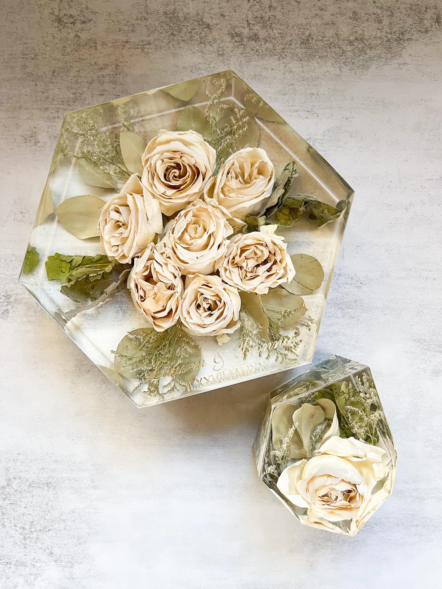 Geometric Hexagon Resin Floral Preservation Block displaying a vibrant custom wedding bouquet from all angles.