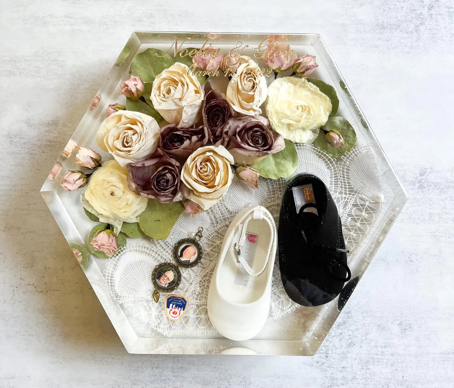 Geometric Hexagon Resin Floral Preservation Block displaying a vibrant custom wedding bouquet from all angles.