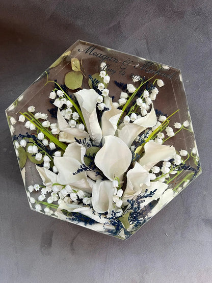 Geometric Hexagon Resin Floral Preservation Block displaying a vibrant custom wedding bouquet from all angles.