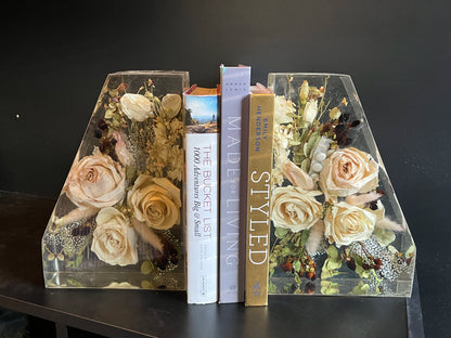 Resin Floral Preservation Straight Edge Bookends organizing a bookshelf with preserved wedding flowers inside.