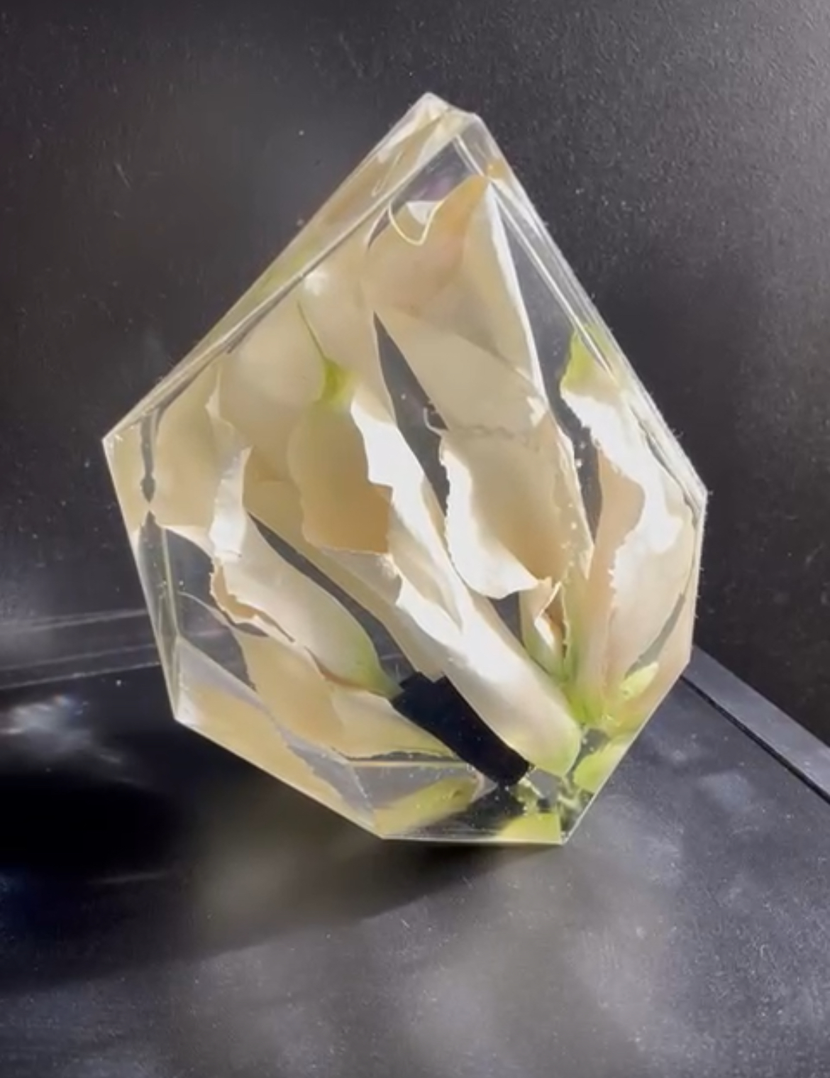 Multifaceted Resin Floral Preservation Block featuring a custom wedding bouquet preserved in crystal-clear resin for home decor.
