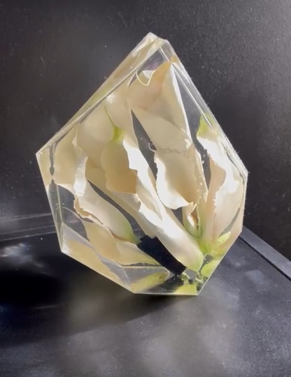 Multifaceted Resin Floral Preservation Block featuring a custom wedding bouquet preserved in crystal-clear resin for home decor.