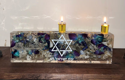 Custom Resin Floral Preservation Menorah handcrafted with colorful wedding bouquet petals for a Jewish wedding keepsake.