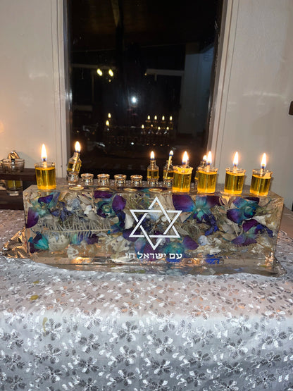 Custom Resin Floral Preservation Menorah handcrafted with colorful wedding bouquet petals for a Jewish wedding keepsake.