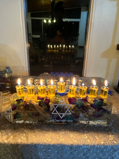 Custom Resin Floral Preservation Menorah handcrafted with colorful wedding bouquet petals for a Jewish wedding keepsake.