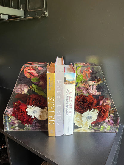 Resin Floral Preservation Straight Edge Bookends organizing a bookshelf with preserved wedding flowers inside.