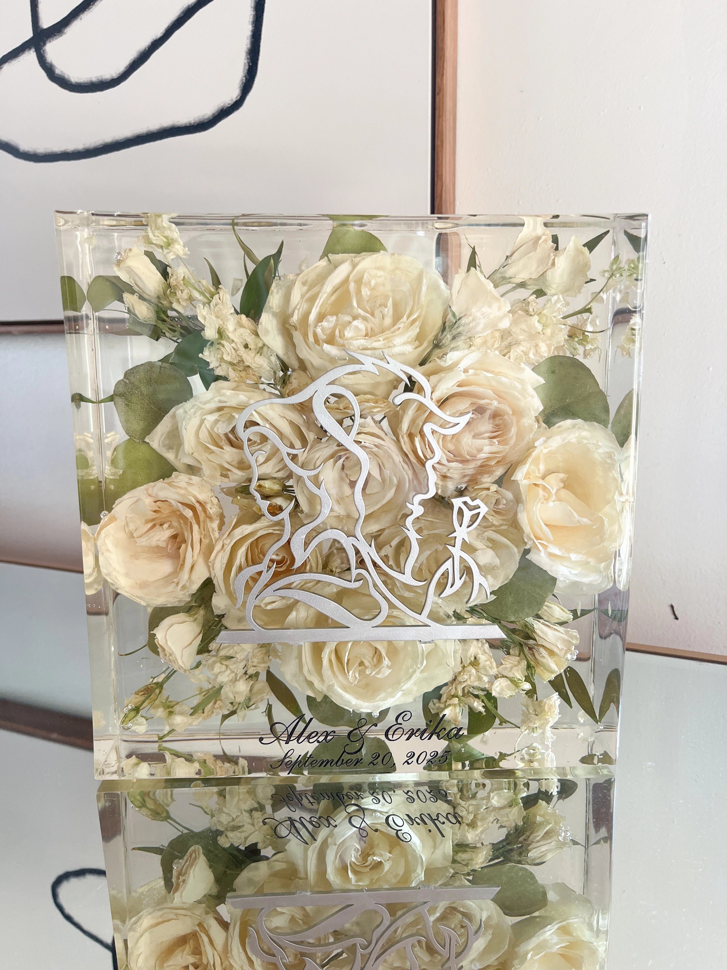 Classic Square Resin Floral Preservation Block capturing a lush wedding bouquet in crystal clear resin.