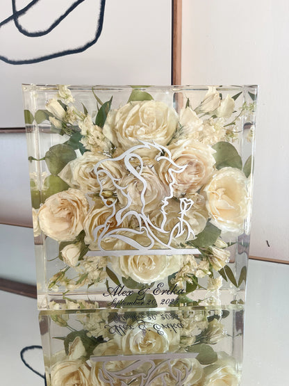 Classic Square Resin Floral Preservation Block capturing a lush wedding bouquet in crystal clear resin.
