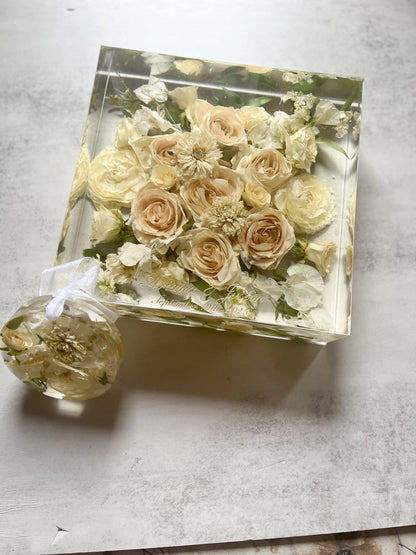 Classic Square Resin Floral Preservation Block capturing a lush wedding bouquet in crystal clear resin.