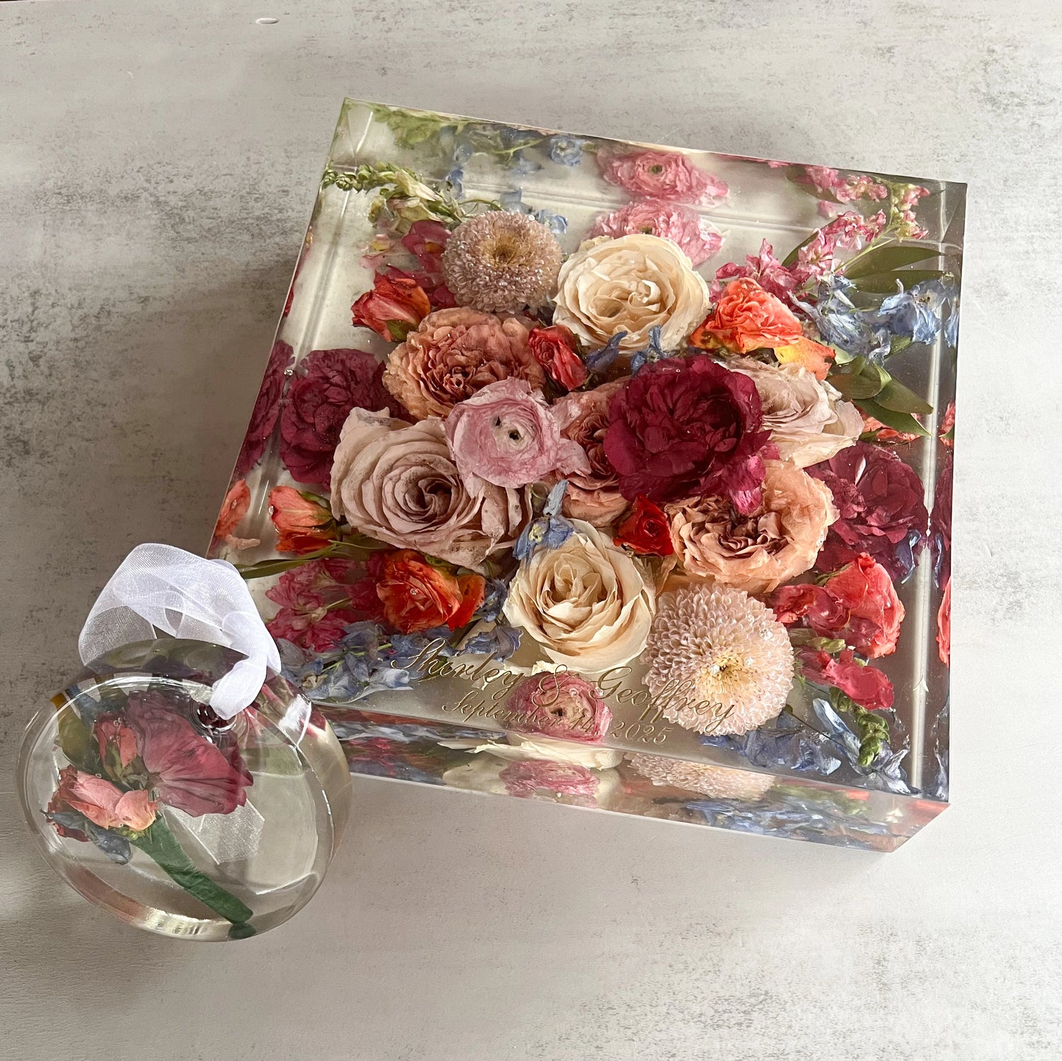 Classic Square Resin Floral Preservation Block capturing a lush wedding bouquet in crystal clear resin.