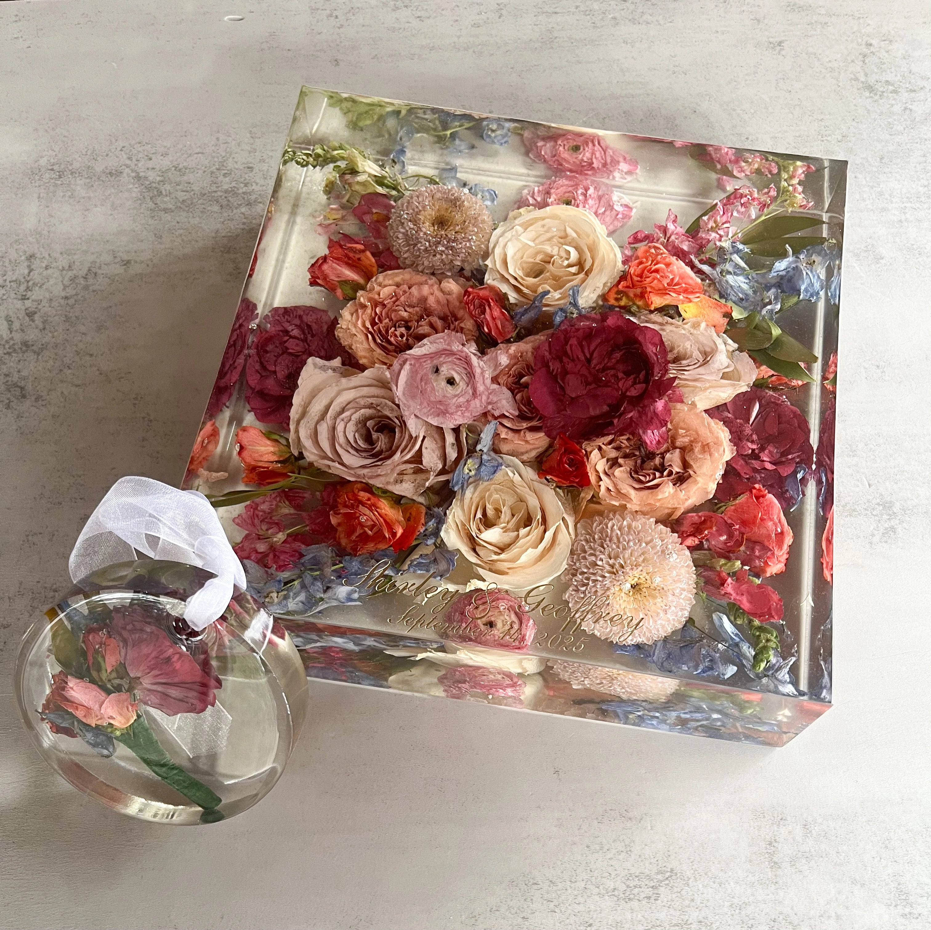 Classic Square Resin Floral Preservation Block capturing a lush wedding bouquet in crystal clear resin.