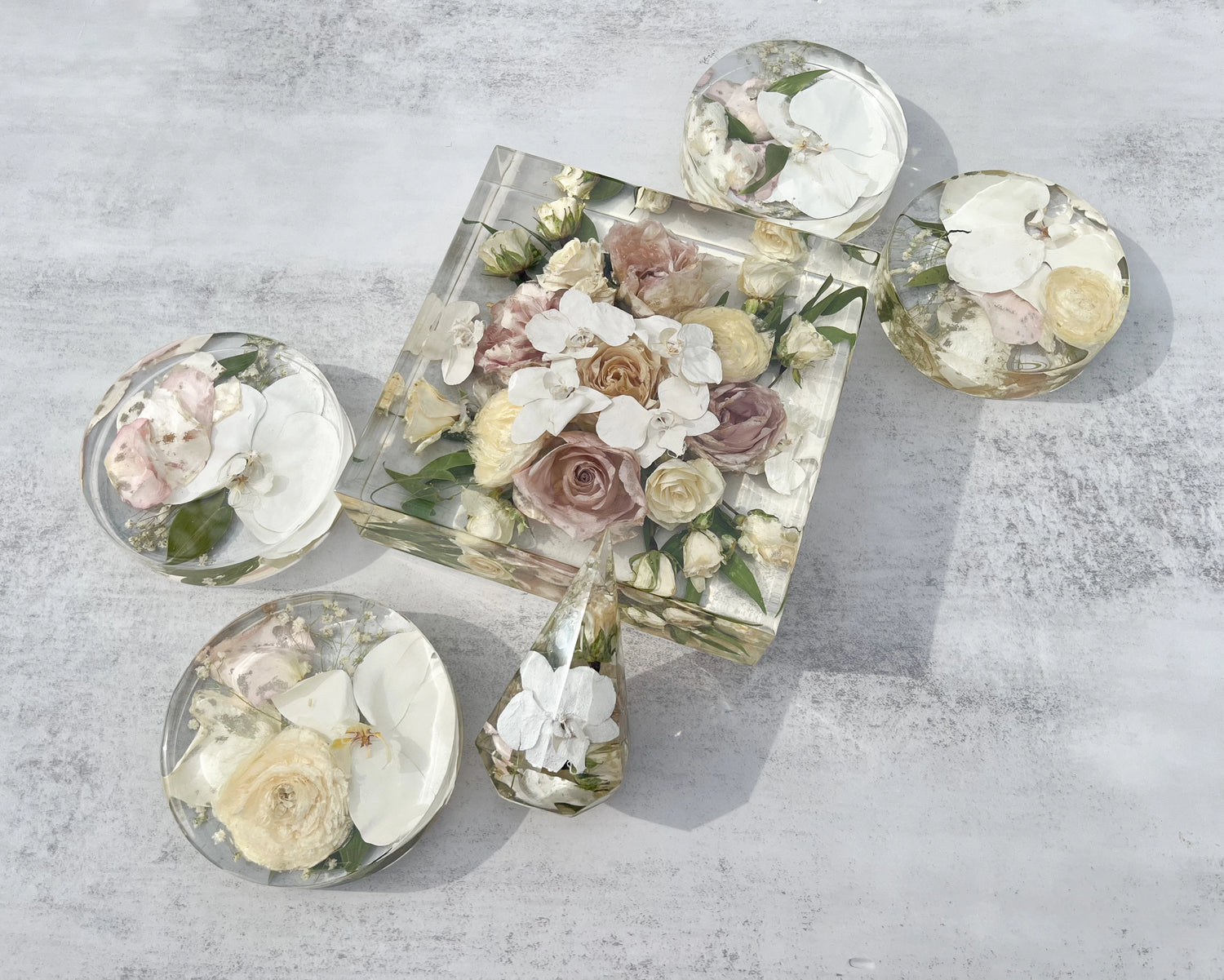 Classic Square Resin Floral Preservation Block capturing a lush wedding bouquet in crystal clear resin.