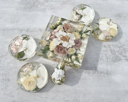 Classic Square Resin Floral Preservation Block capturing a lush wedding bouquet in crystal clear resin.