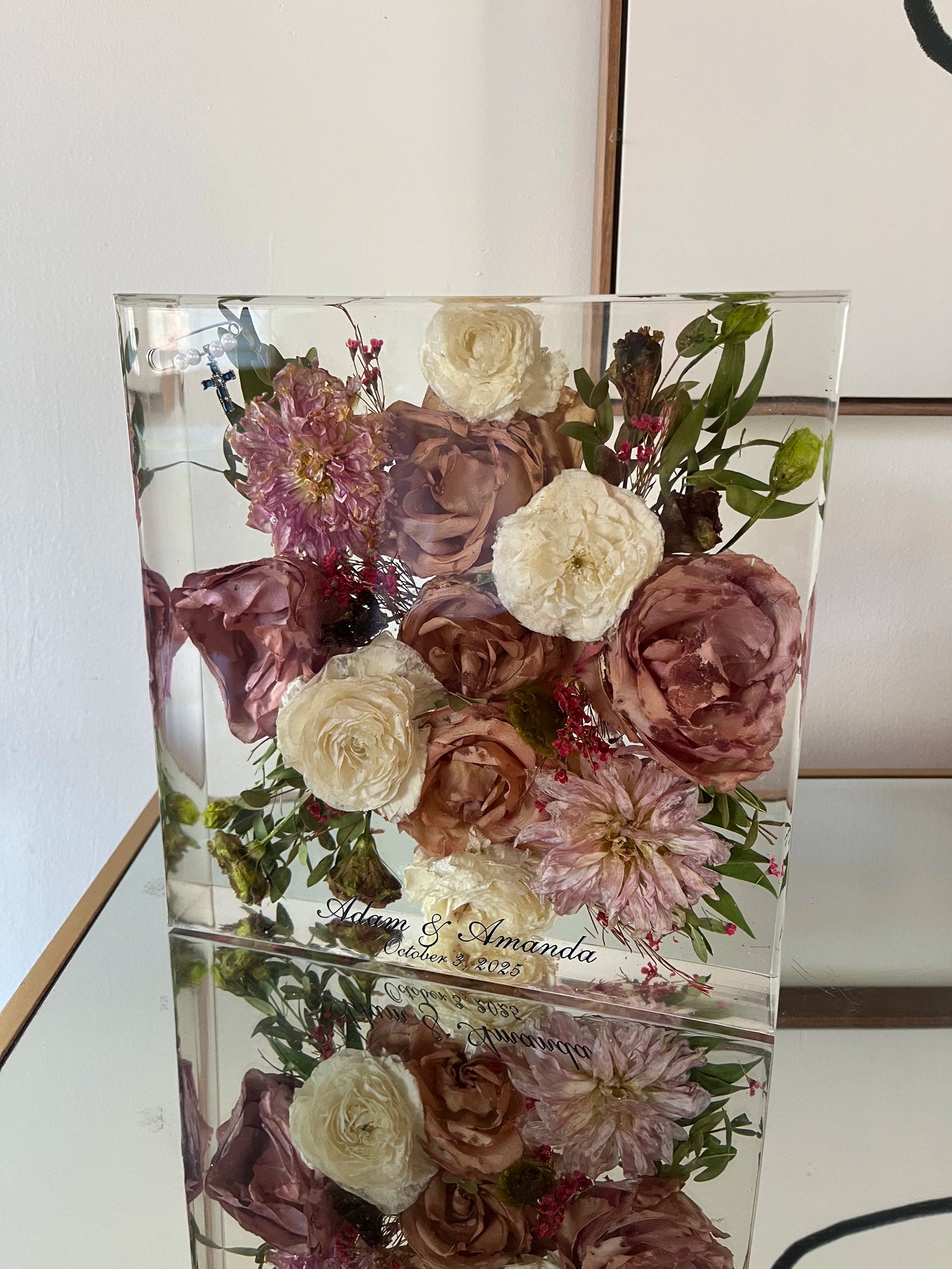 Classic Square Resin Floral Preservation Block capturing a lush wedding bouquet in crystal clear resin.