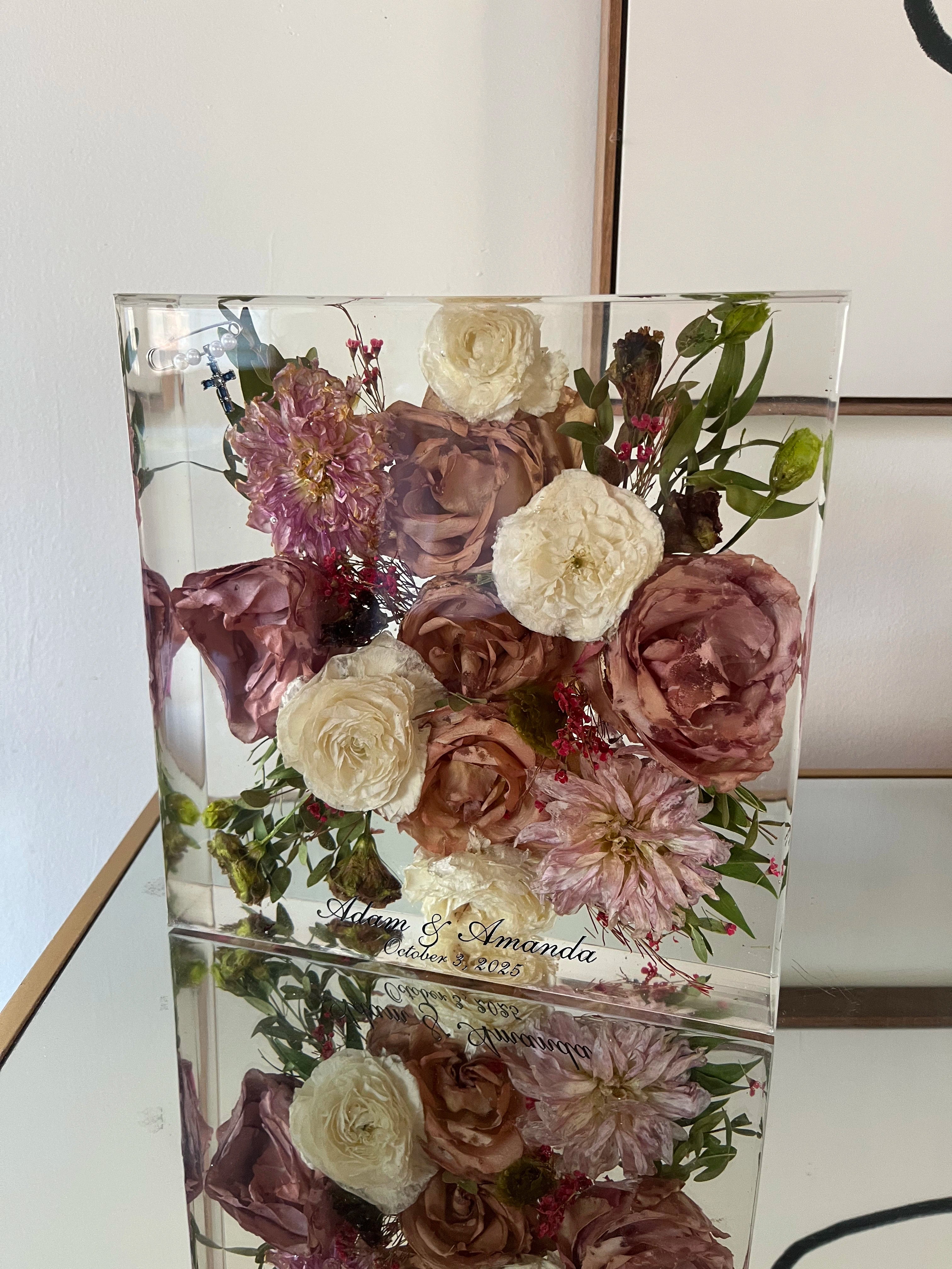 Classic Square Resin Floral Preservation Block capturing a lush wedding bouquet in crystal clear resin.