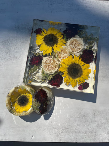 Classic Square Resin Floral Preservation Block capturing a lush wedding bouquet in crystal clear resin.