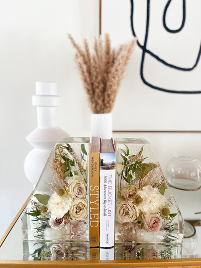 Resin Floral Preservation Straight Edge Bookends | Custom Wedding Bouquet Keepsake