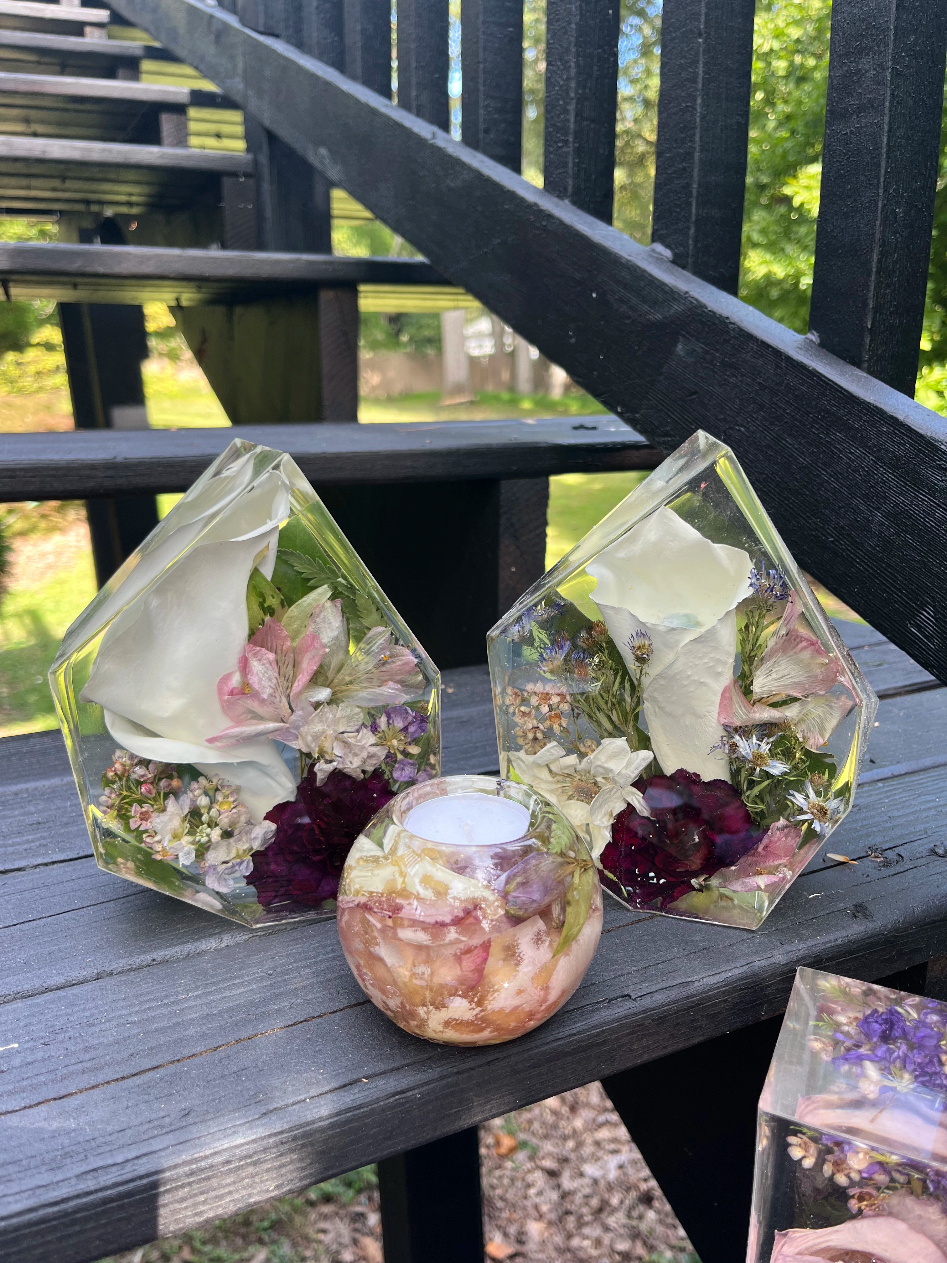 Multifaceted Resin Floral Preservation Block featuring a custom wedding bouquet preserved in crystal-clear resin for home decor.