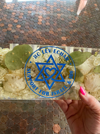 Custom Resin Floral Preservation Menorah handcrafted with colourful wedding bouquet petals for a Jewish wedding keepsake.