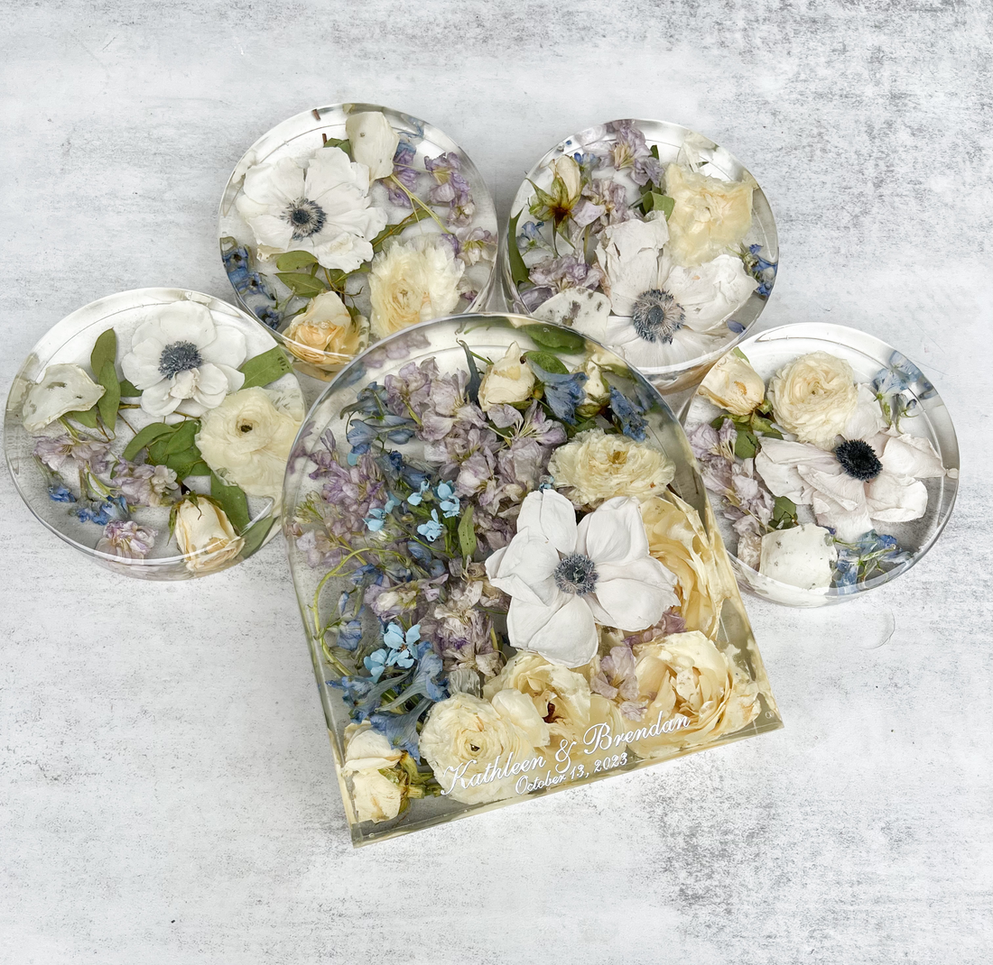 Modern Resin Floral Preservation Arch Block displaying custom preserved wedding flowers for a mantle or shelf.