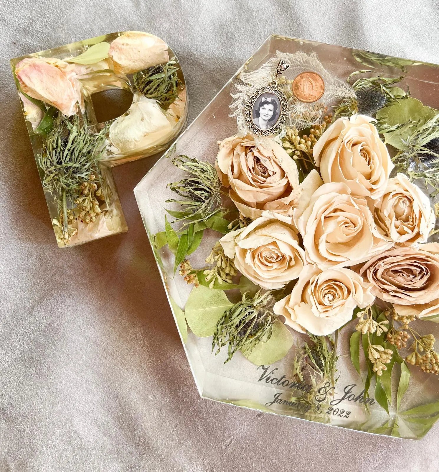 Custom Resin Floral Preservation Letter displaying wedding flowers in a personalized monogram shape.