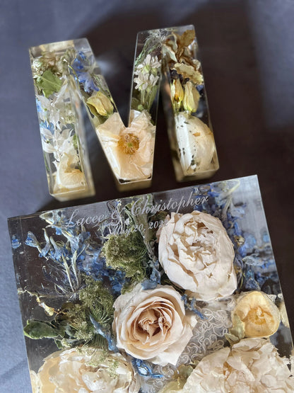 Custom Resin Floral Preservation Letter "M" displaying wedding flowers in a personalized monogram shape.