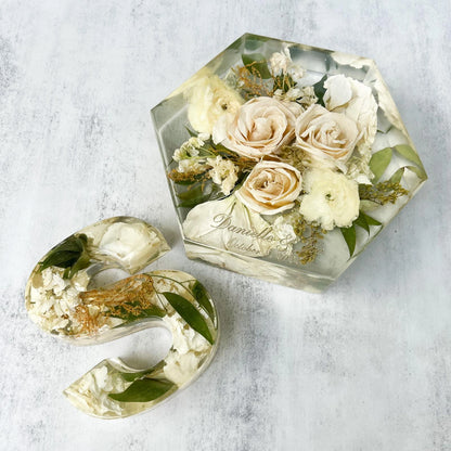 Custom Resin Floral Preservation Letter displaying wedding flowers in a personalized monogram shape.