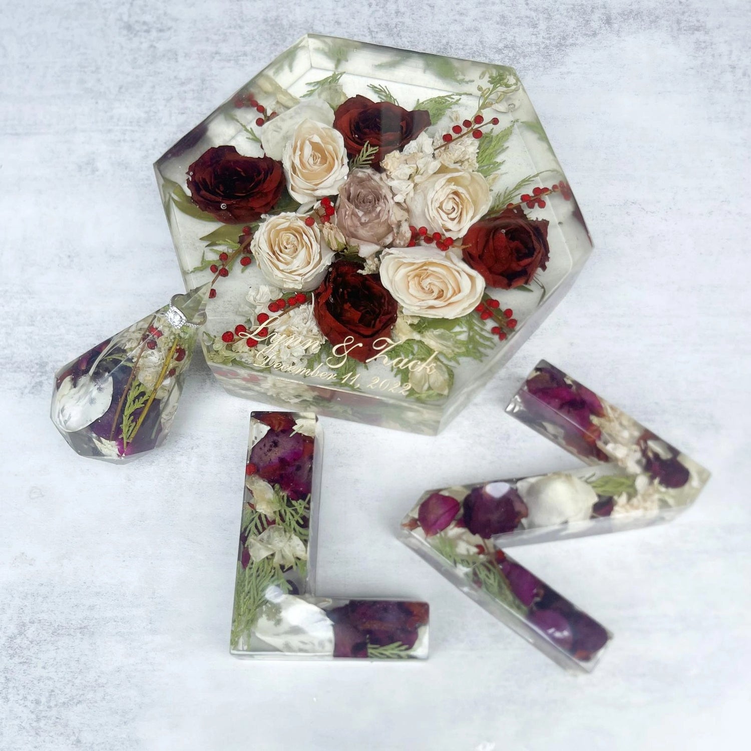 Custom Resin Floral Preservation Letter displaying wedding flowers in a personalized monogram shape.