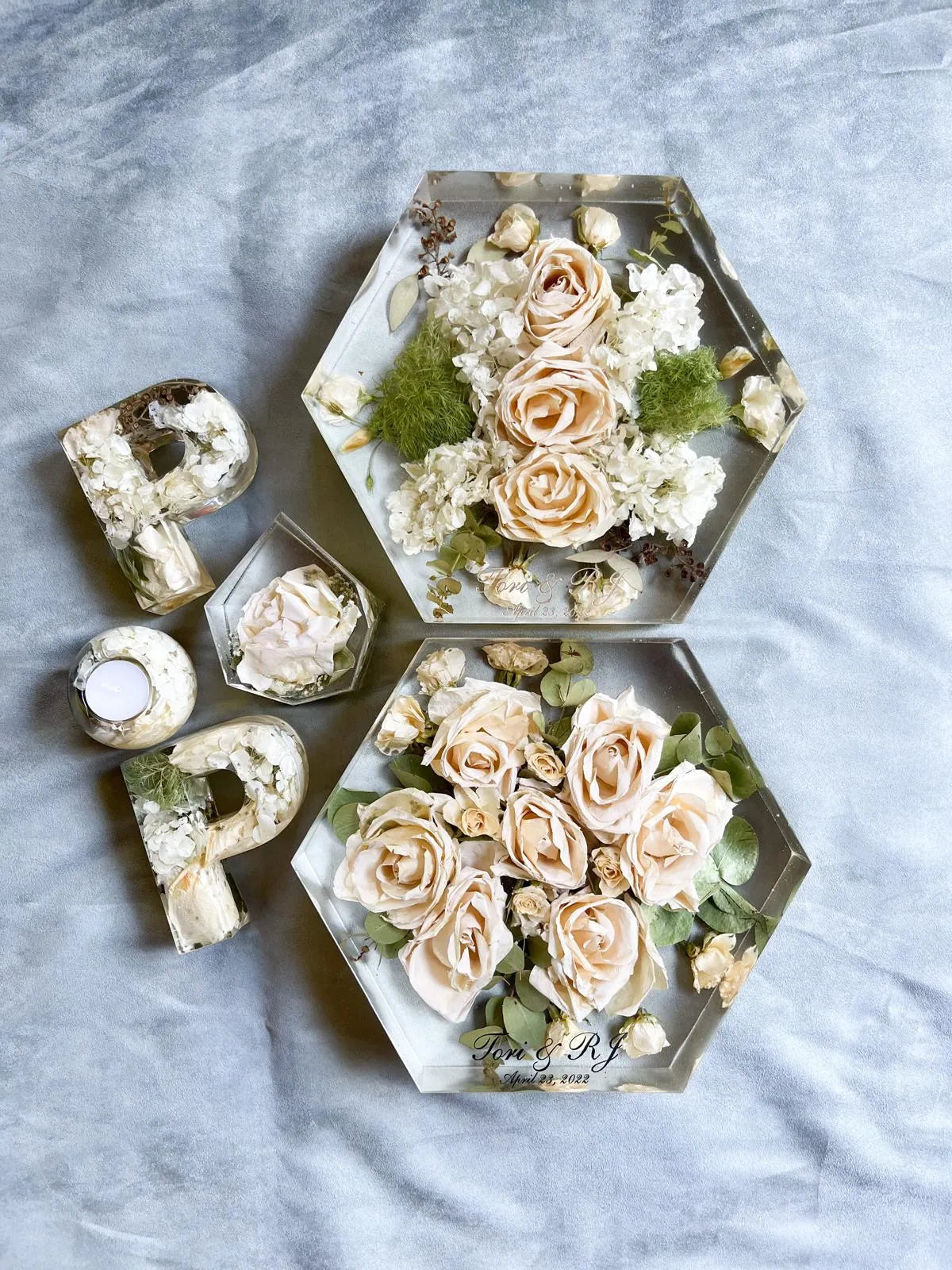 Custom Resin Floral Preservation Letter "p" displaying wedding flowers in a personalized monogram shape.