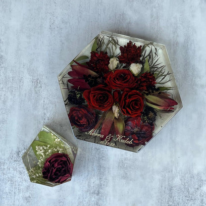 Multifaceted Resin Floral Preservation Block featuring a custom wedding bouquet preserved in crystal-clear resin for home decor.