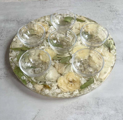 Resin Floral Preservation Party Platter Set with matching cups featuring real wedding bouquet petals for elegant serving.