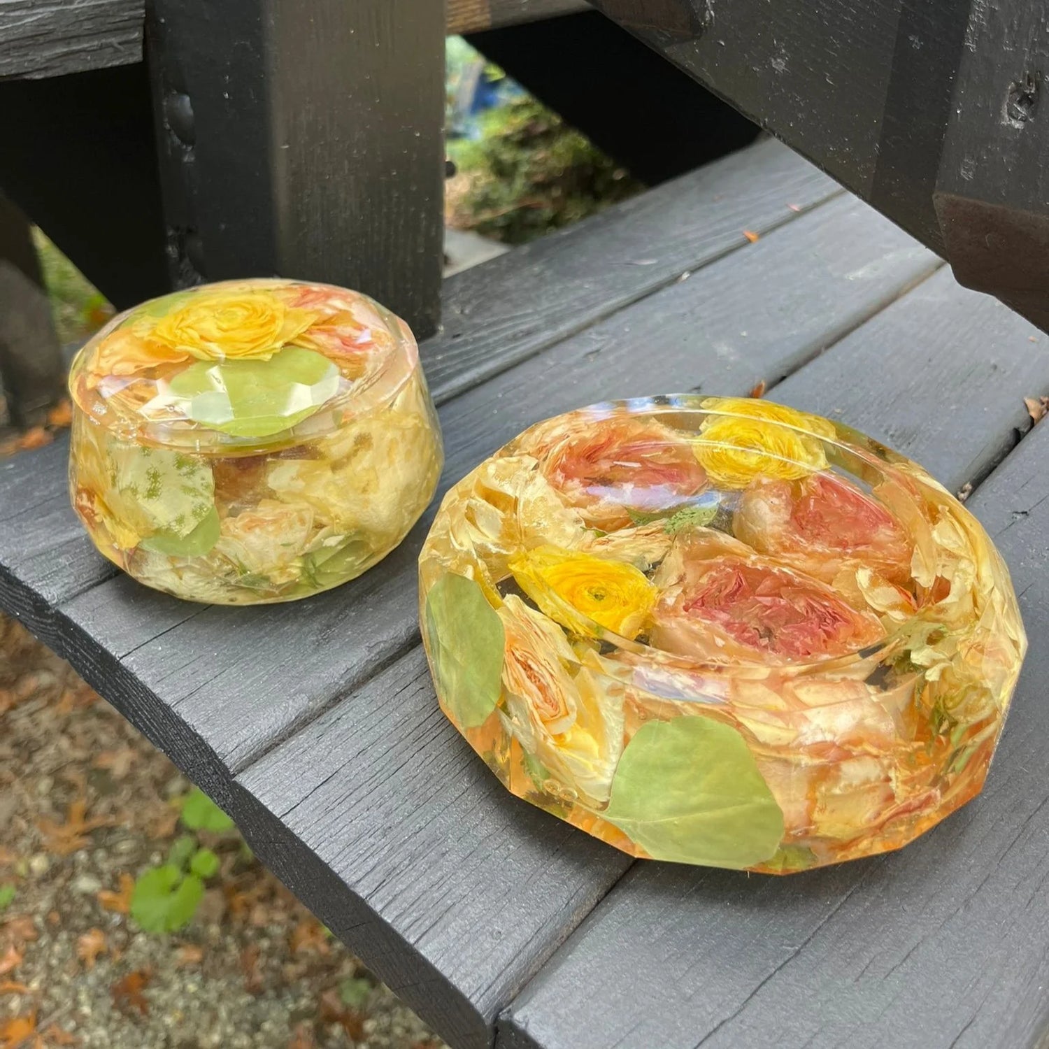 Resin Floral Preservation Trinket Dish holding small jewelry items with custom wedding bouquet fragments.