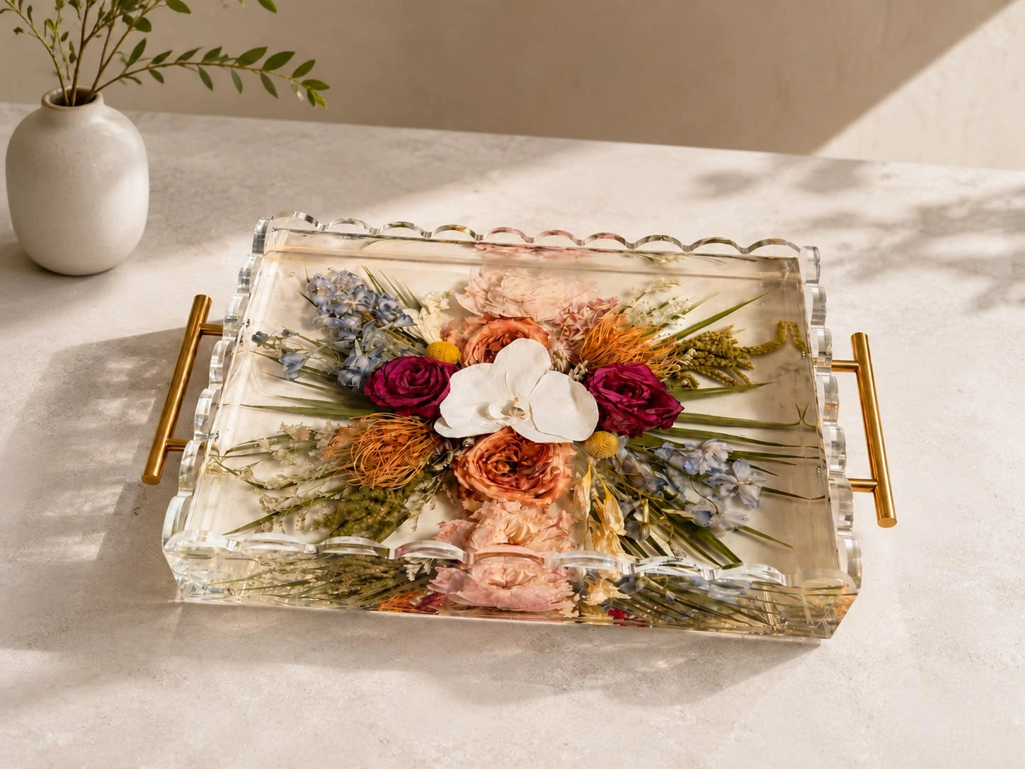 Scalloped Edge Acrylic Tray — Preserved Floral Display &amp; Keepsake