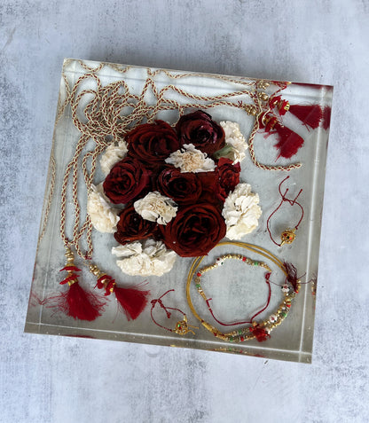 Classic Square Resin Floral Preservation Block capturing a lush wedding bouquet in crystal clear resin.