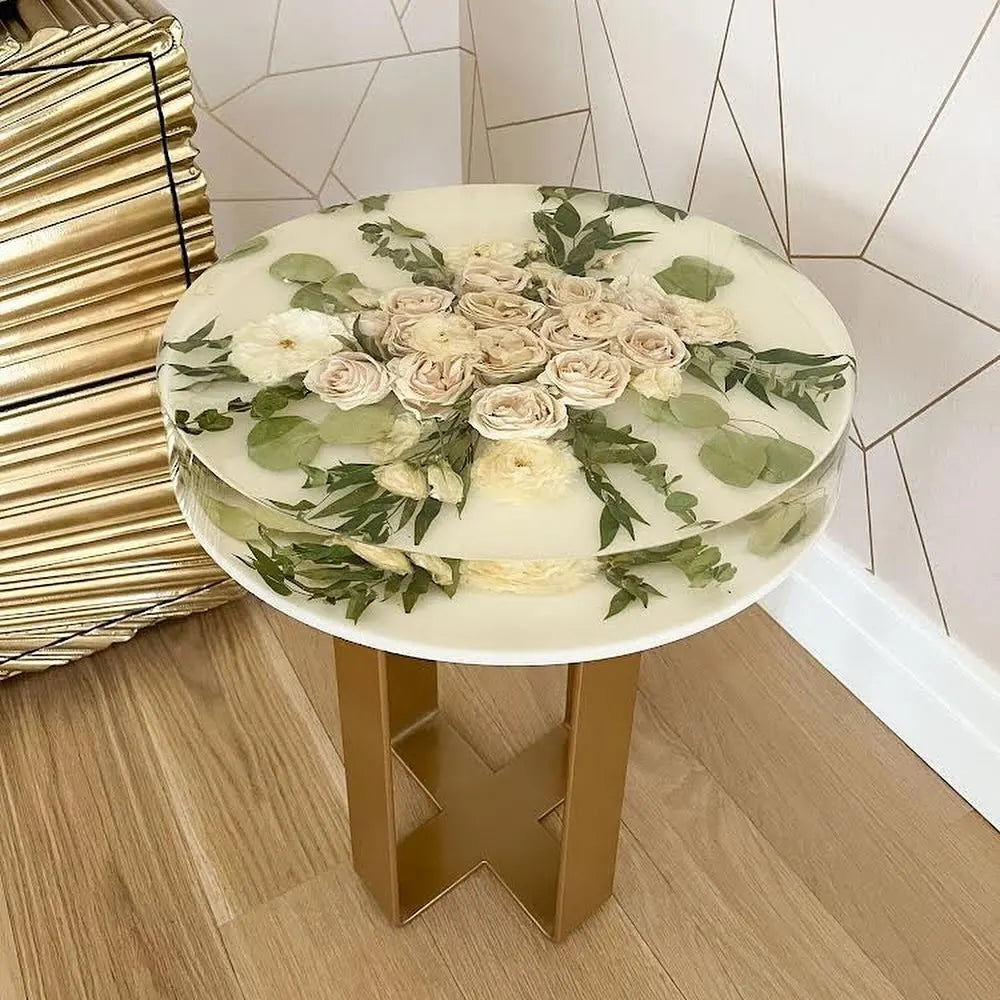 Resin Floral Preservation Side Table with metal legs showcasing custom preserved wedding flowers for living room decor.