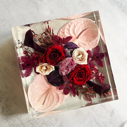 Classic Square Resin Floral Preservation Block capturing a lush wedding bouquet in crystal clear resin.