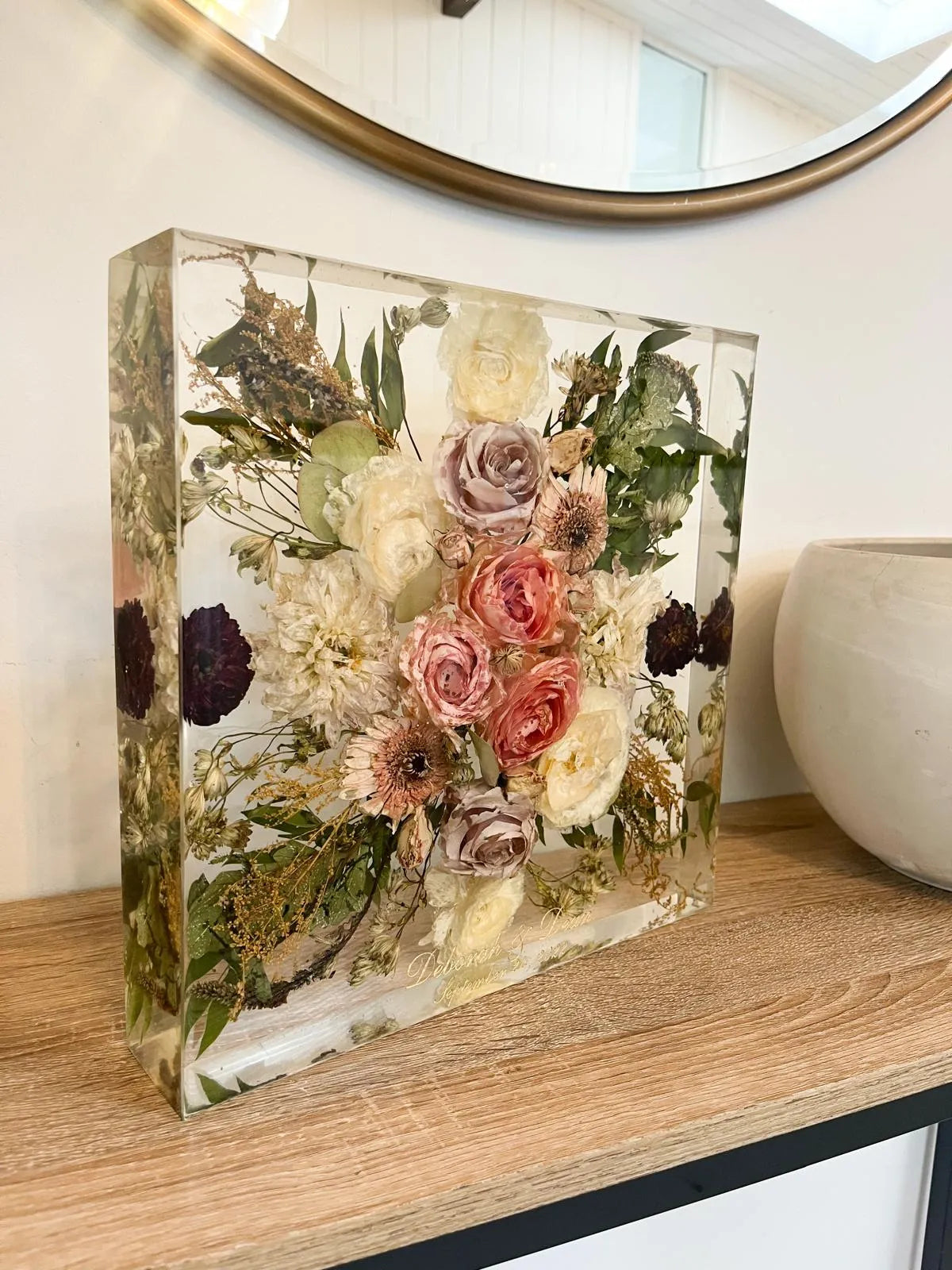 Classic Square Resin Floral Preservation Block capturing a lush wedding bouquet in crystal clear resin.