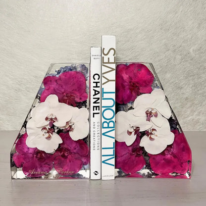 Resin Floral Preservation Straight Edge Bookends organizing a bookshelf with preserved wedding flowers inside.