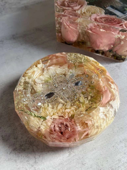 Resin Floral Preservation Trinket Dish holding small jewelry items with custom wedding bouquet fragments.